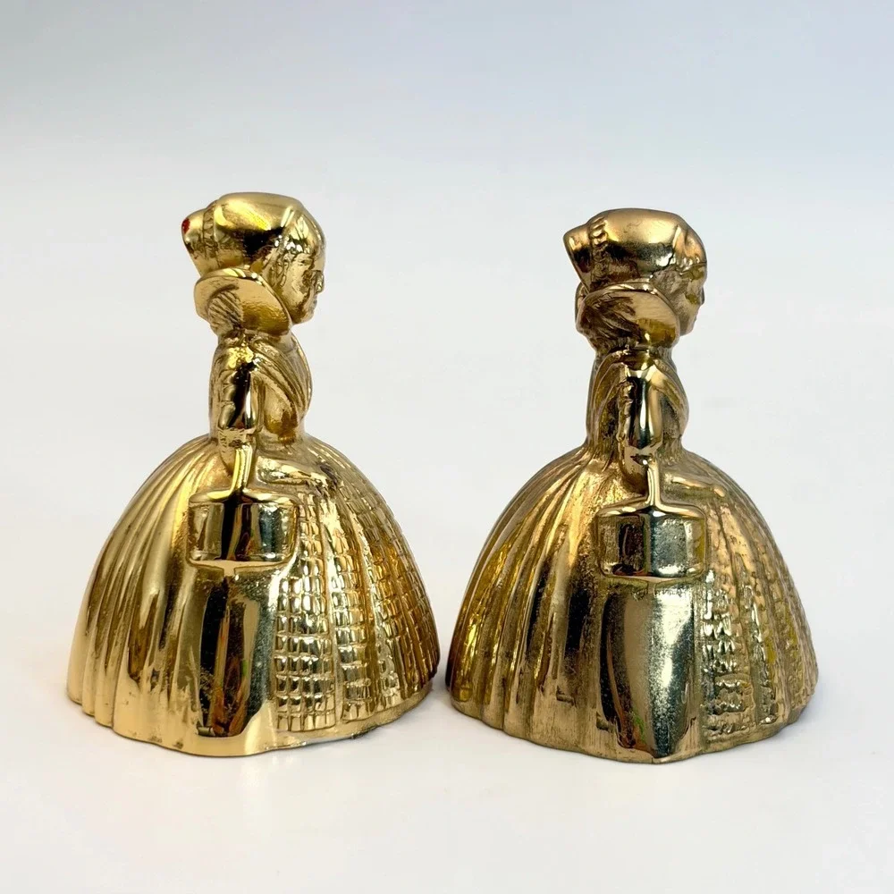 2 Vintage Brass Dutch Girl Dinner Table Hand Bell Figural Mantle Decor Regency